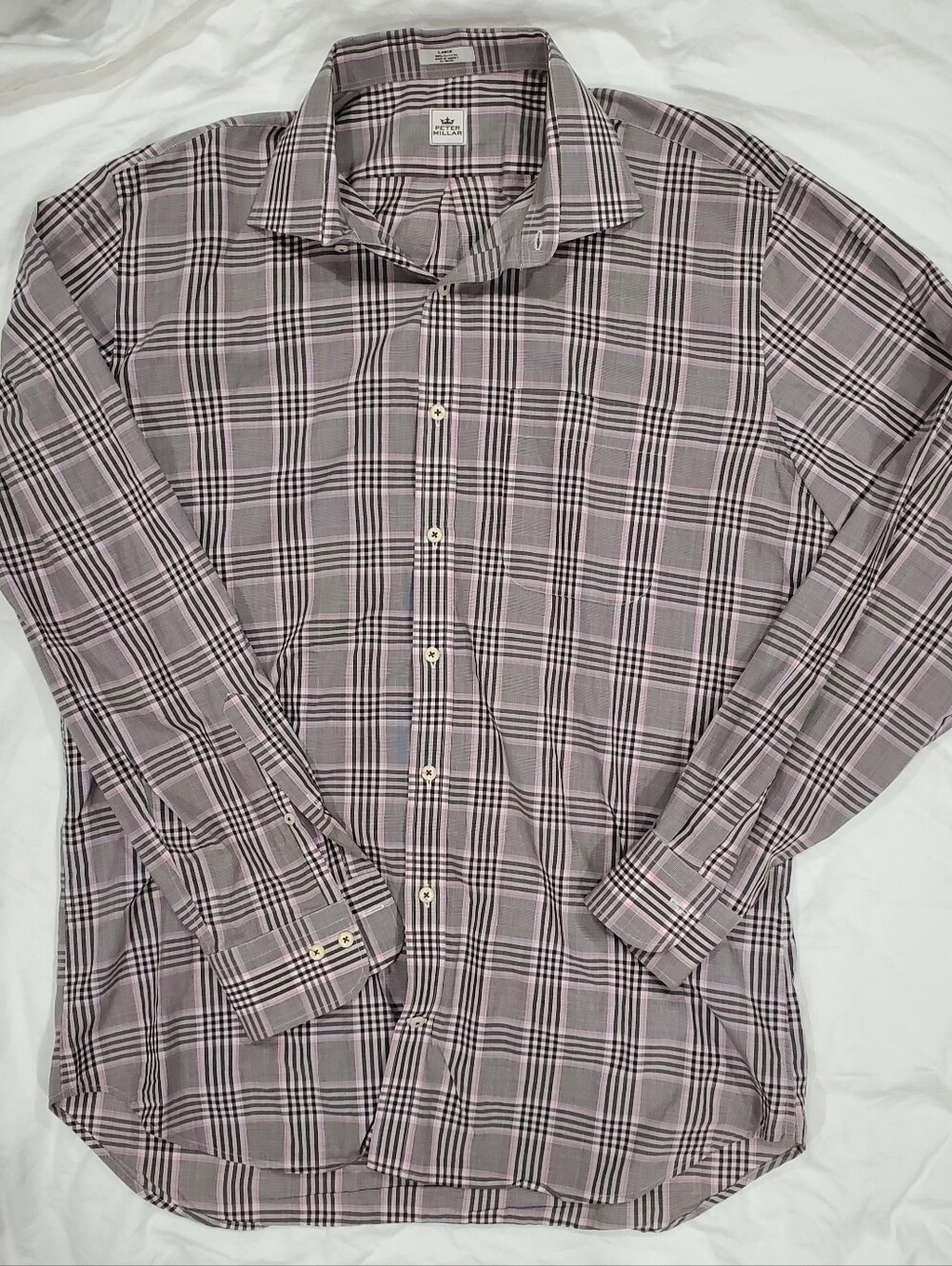 Peter Millar Pink & Gray Plaid Cotton Sport Shirt L